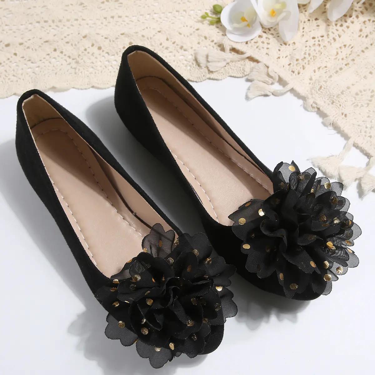 Flower Decor Ballet Flat Shoes Women 2025 Spring Slip On Loafers Woman Plus Size 42 Comfort Soft Sole Casual Glitter Flats