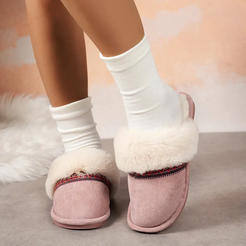 Stripe Decor Fluffy Fur Flat Cotton Slippers Women  Faux Suede Thicken Plush Home Slippers Winter War Soft Sole Anti Slip Slides