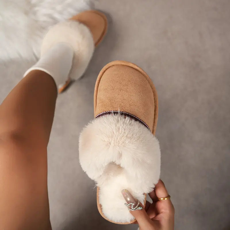 Stripe Decor Fluffy Fur Flat Cotton Slippers Women  Faux Suede Thicken Plush Home Slippers Winter War Soft Sole Anti Slip Slides