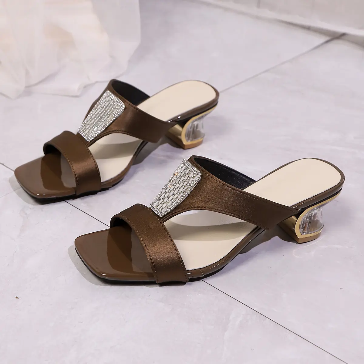 Square Toe Clear Low Heels Sandals Women 2025 Summer Crystal Decor Thick Heeled Sandals Woman Plus Size 43 Slip On Party Shoes