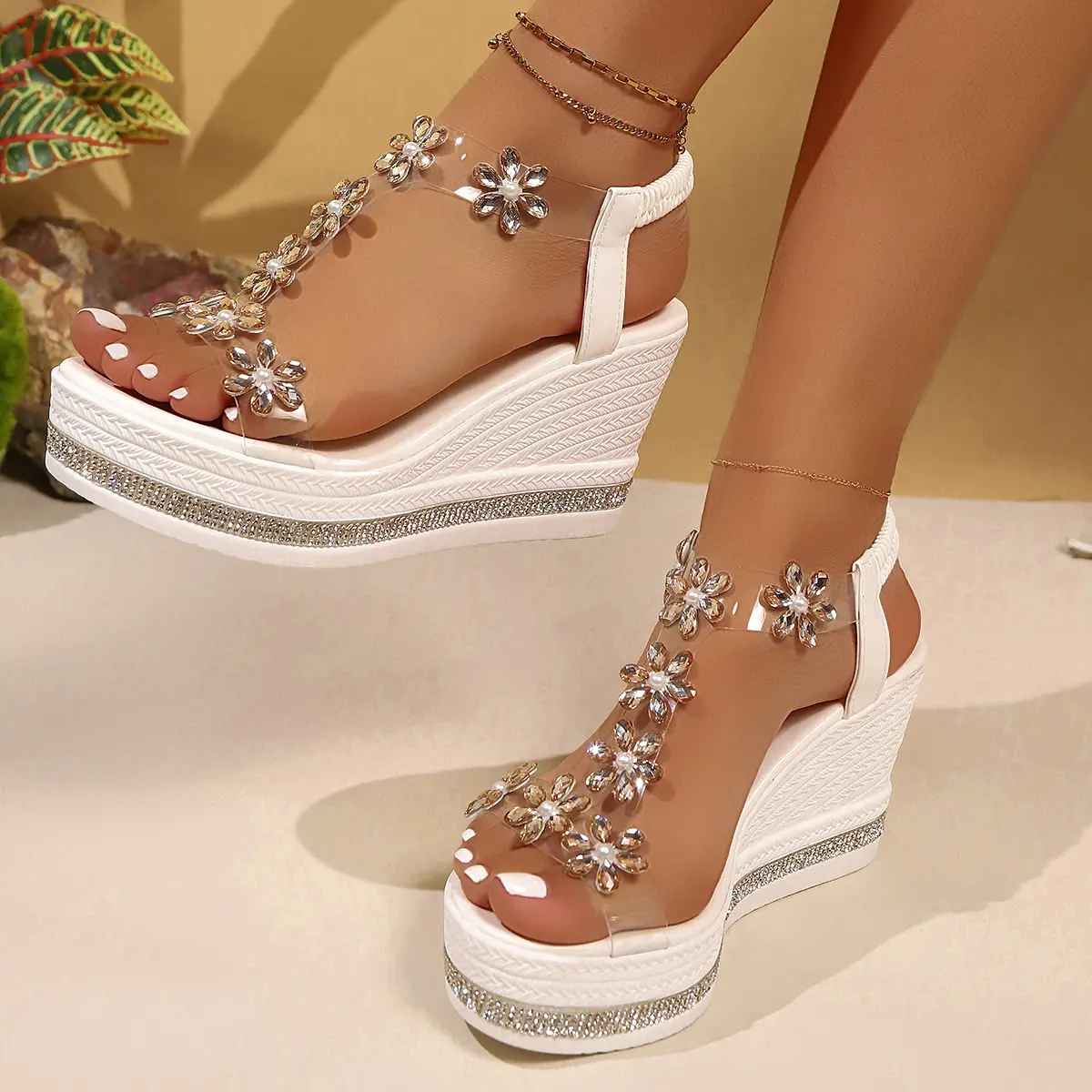 Crystal Flower Decor Chunky Platform Sandals Women 2025 Summer Thick Bottom Wedge Sandals Woman Plus Size 43 Sandalias Mujer