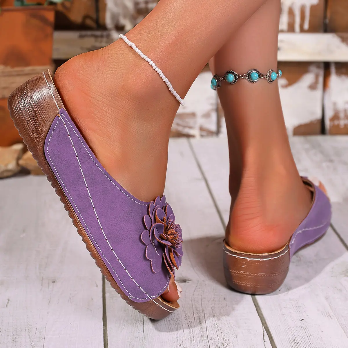 Retro Flower Decor Wedge Sandals Women 2025 Summer Comfort Thick Bottom Platform Sandals Woman Lightweight Non Slip Beach Shoes