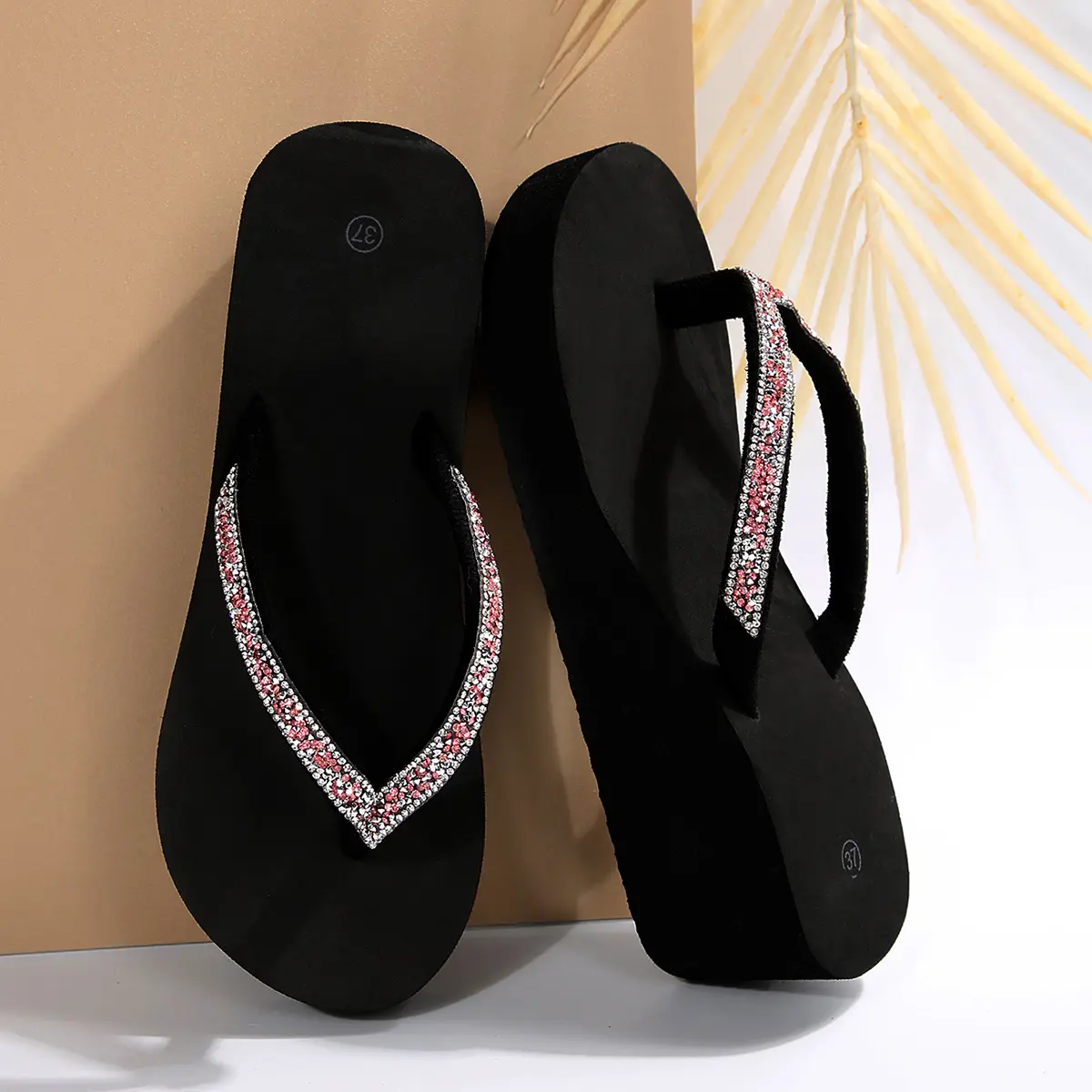 Shiny Crystal Wedge Slippers Women 2025 Summer Clip Toe Platform Sandals Woman Lightweight Thick Bottom Beach Flip Flips Slides