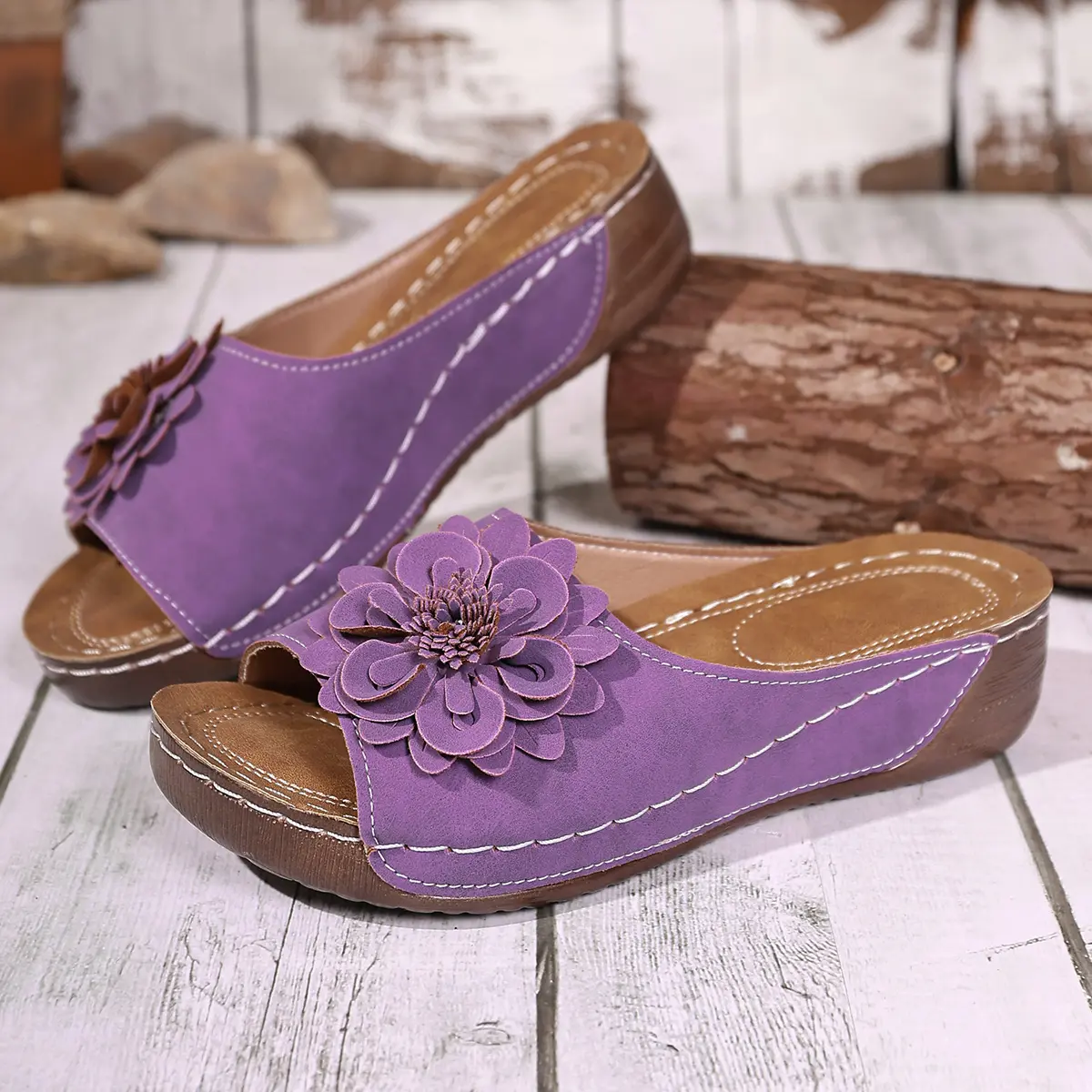Retro Flower Decor Wedge Sandals Women 2025 Summer Comfort Thick Bottom Platform Sandals Woman Lightweight Non Slip Beach Shoes
