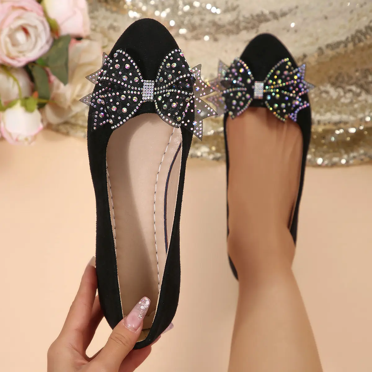 Crystal Bowtie Decor Women Casual Shoes 2025 Spring Non Slip Flat Heels Loafers Woman Plus Size 42 Comfort Soft Sole Flats
