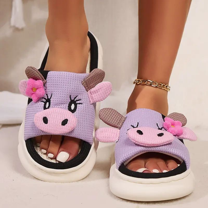 Cute Cow Thick Bottom Linen Slippers Women 2024 Winter Comfort Home Cotton Slippers Woman Flat Heels Non Slip Indoor Shoes Slide
