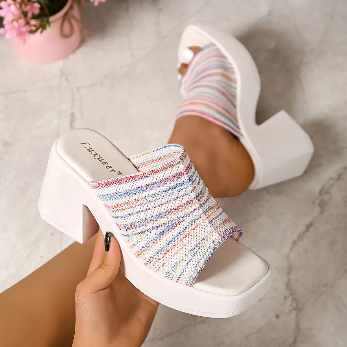 Mix Color Knitted Mesh Slippers Women 2025 Summer Chunky Platform High Heels Sandals Women White Thick Heeled Shoes Slippers