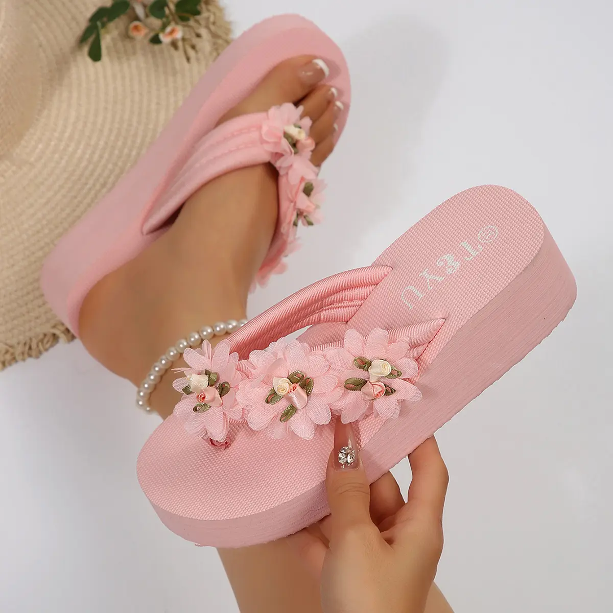 Flower Decor Platform Flop Flops Women 2025 Summer Clip Toe Wedge Slippers Woman Plus Size 42 Pink Thick Bottom Beach Sandals