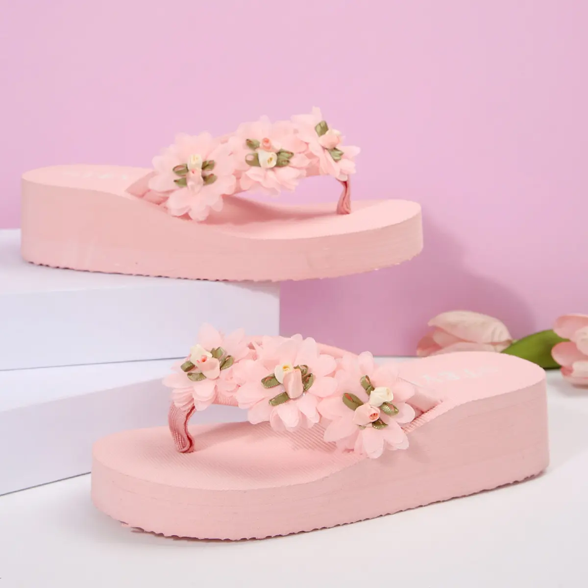 Flower Decor Platform Flop Flops Women 2025 Summer Clip Toe Wedge Slippers Woman Plus Size 42 Pink Thick Bottom Beach Sandals