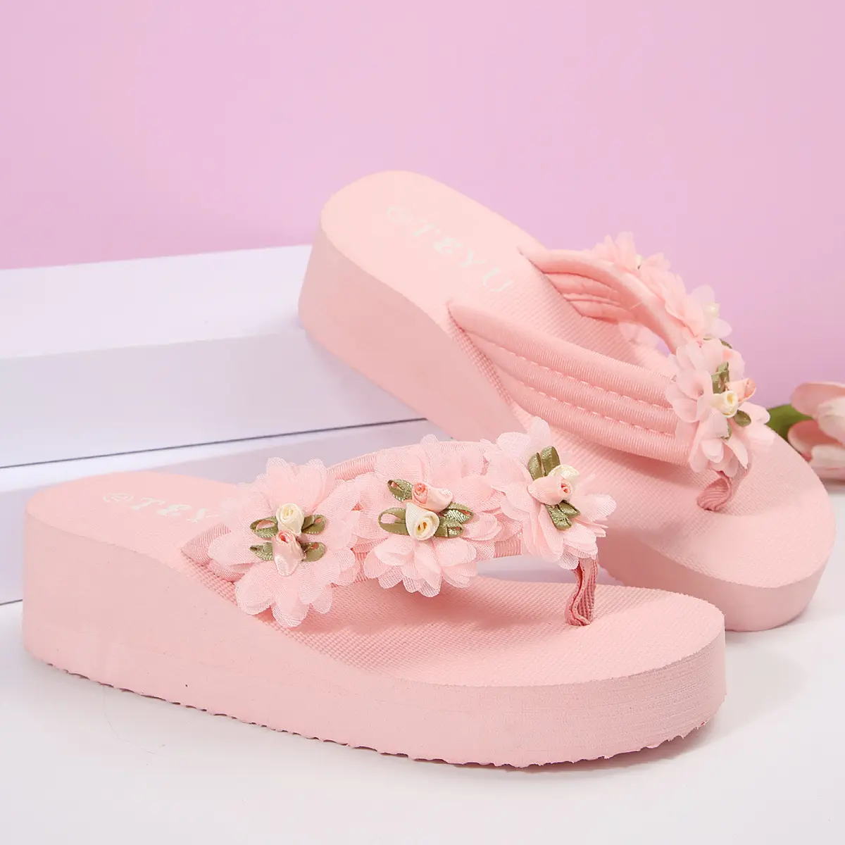 Flower Decor Platform Flop Flops Women 2025 Summer Clip Toe Wedge Slippers Woman Plus Size 42 Pink Thick Bottom Beach Sandals