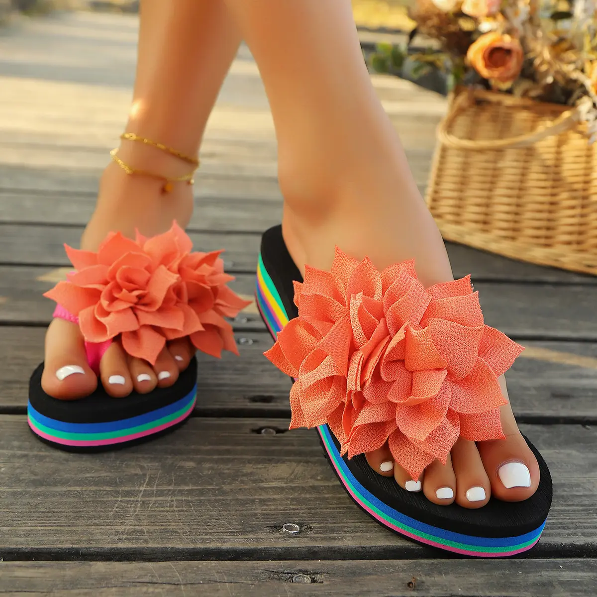 Big Flower Decor Wedge Flip Flops Women 2025 Summer Rainbow Thick Bottom Beach Slippers Woman Light Non Slip Platform Sandals