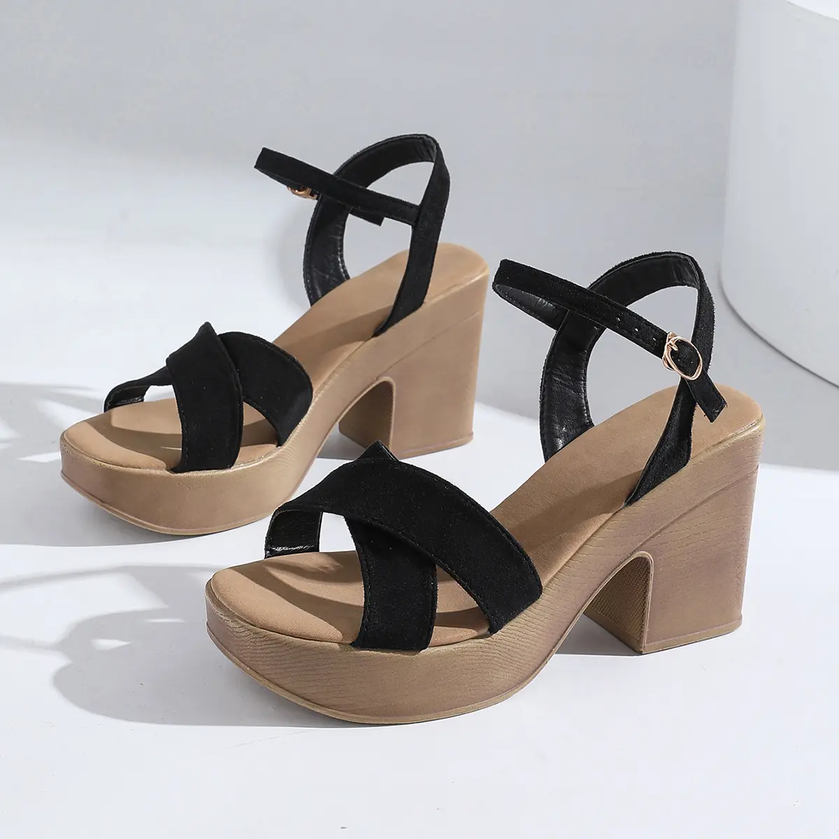 Women's Cross Tape High Heels Sandals 2025 Summer Ankle Straps Chunky Platform Sandals Woman Plus Size Thick Heeled Ladies Shoes