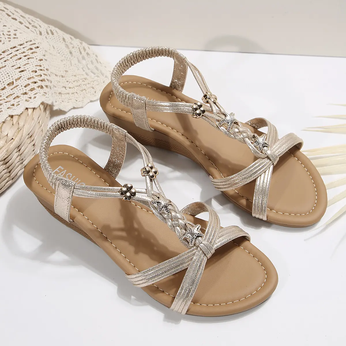 Bohemia Style Wedge Sandals Women 2025 Summer Fashion Gold Platform Sandals Woman Plus Size 42 Peep Toe Outdoor Beach Shoes