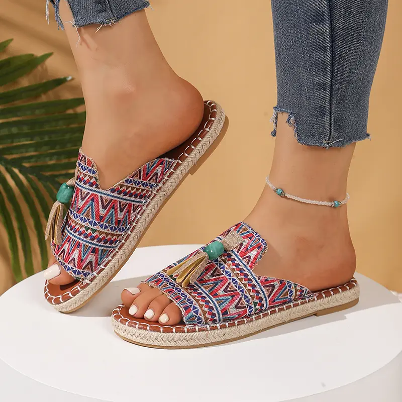 Bohemia Style Print Flat Sandals Women 2025 Summer Tassels Decor Beach Slippers Woman Plus Size 43 Non Slip Outdoor Slippers