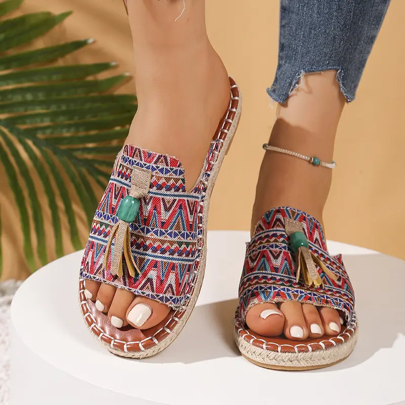 Bohemia Style Print Flat Sandals Women 2025 Summer Tassels Decor Beach Slippers Woman Plus Size 43 Non Slip Outdoor Slippers