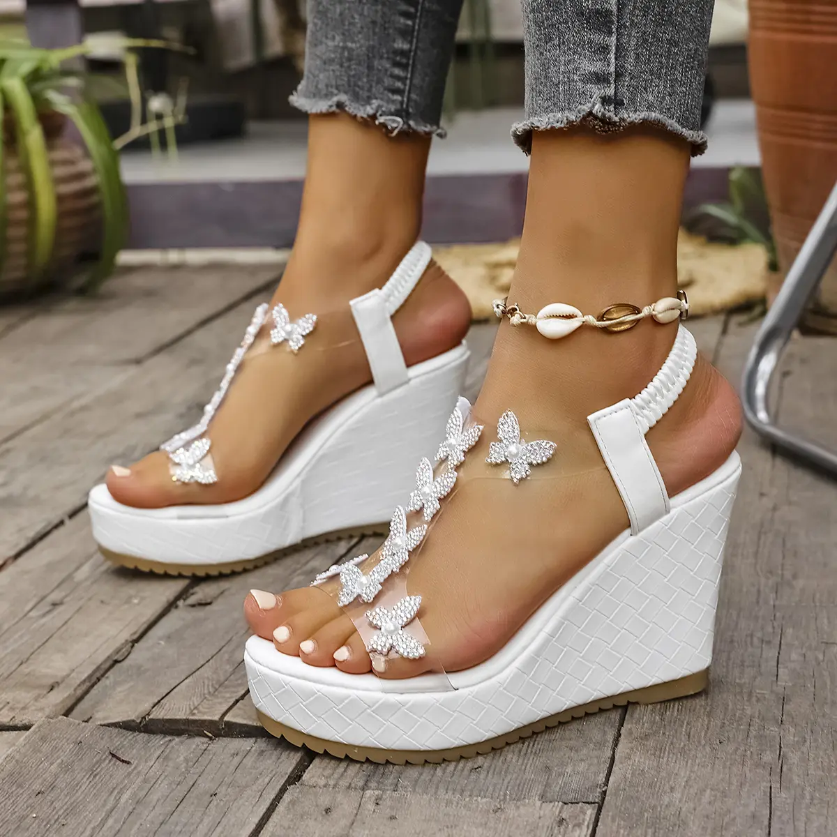 Elegant Pearl Bowtie Wedge Sandals Women 2025 Summer White Chunky Platform Sandals Woman Non Slip Thick Bottom Heeled Shoes
