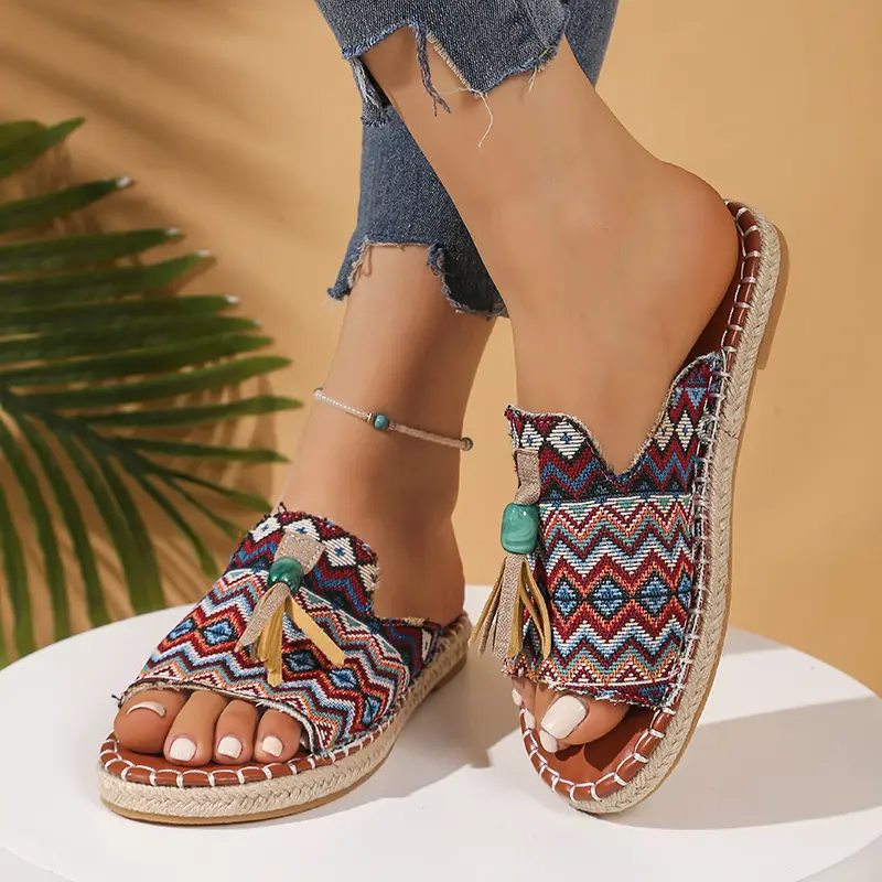 Bohemia Style Print Flat Sandals Women 2025 Summer Tassels Decor Beach Slippers Woman Plus Size 43 Non Slip Outdoor Slippers