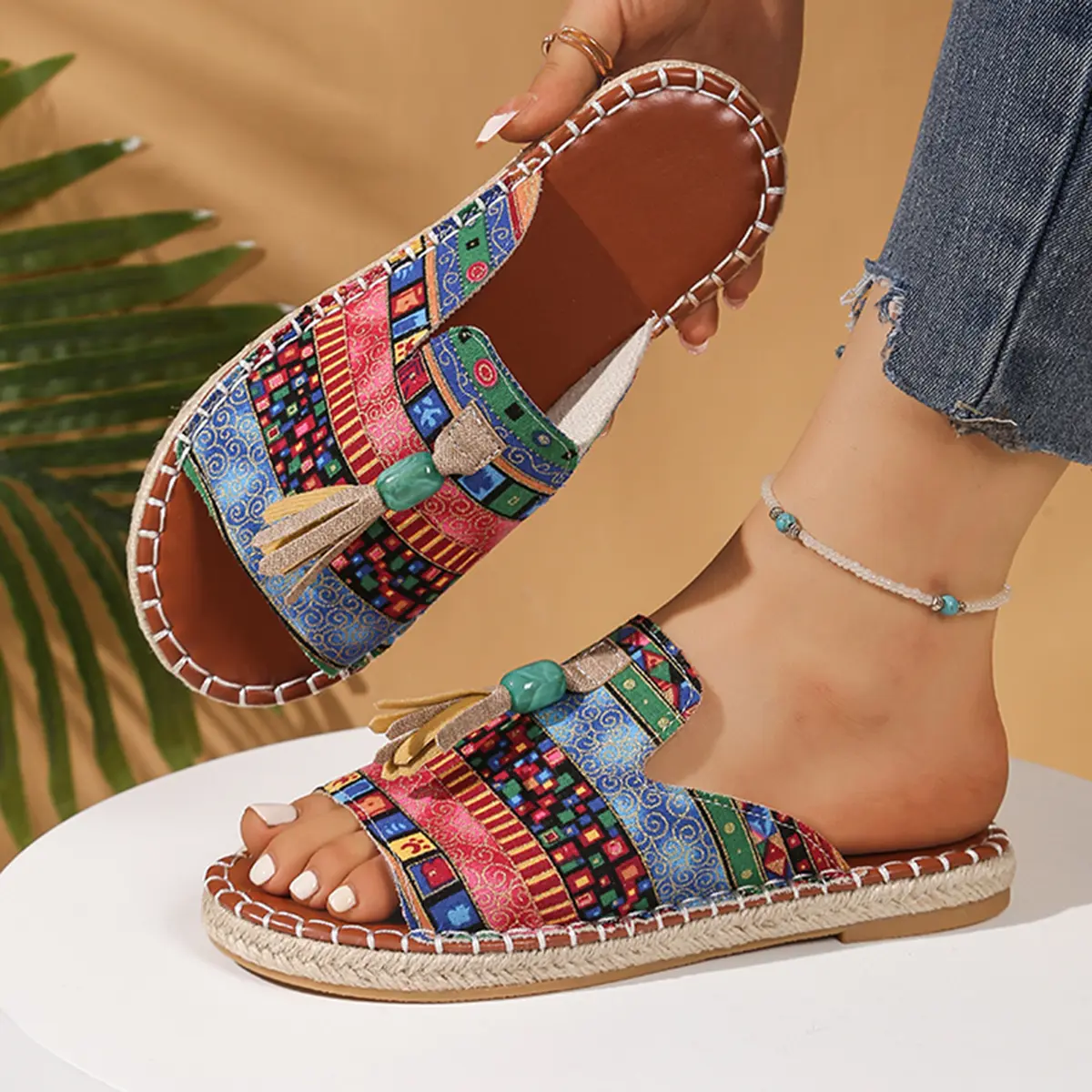 Bohemia Style Print Flat Sandals Women 2025 Summer Tassels Decor Beach Slippers Woman Plus Size 43 Non Slip Outdoor Slippers