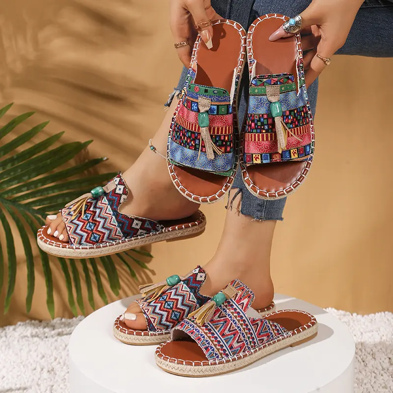 Bohemia Style Print Flat Sandals Women 2025 Summer Tassels Decor Beach Slippers Woman Plus Size 43 Non Slip Outdoor Slippers