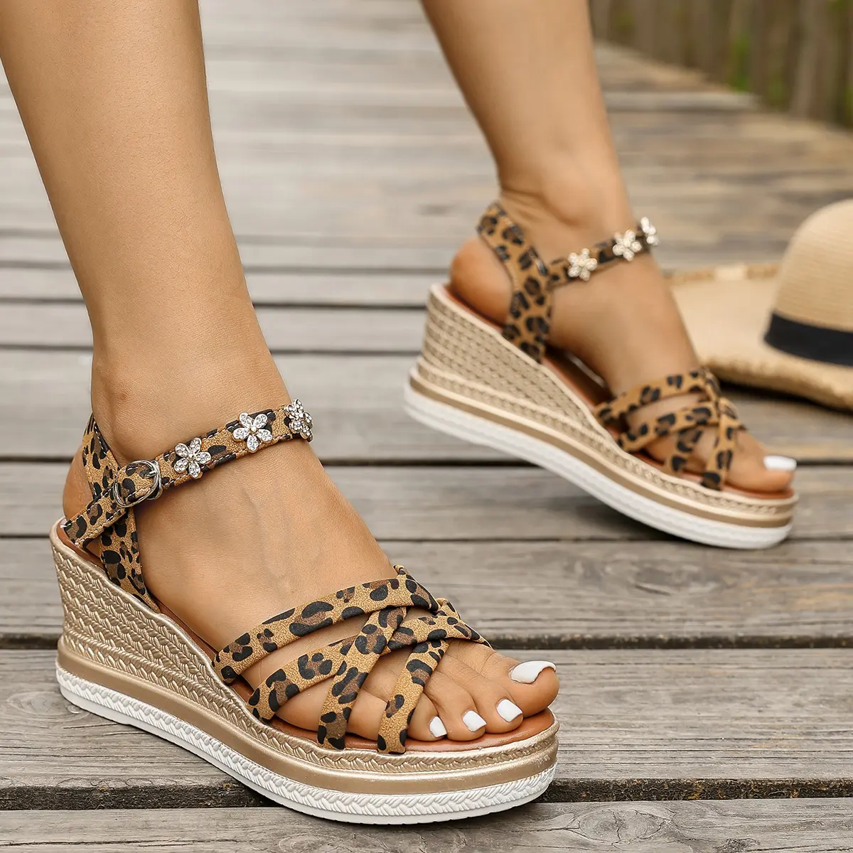 Sexy Leopard Print Platform Sandals Women 2025 Summer Ankle Straps Wedge Sandals Woman Plus Size 43 Thick Bottom Roman Shoes