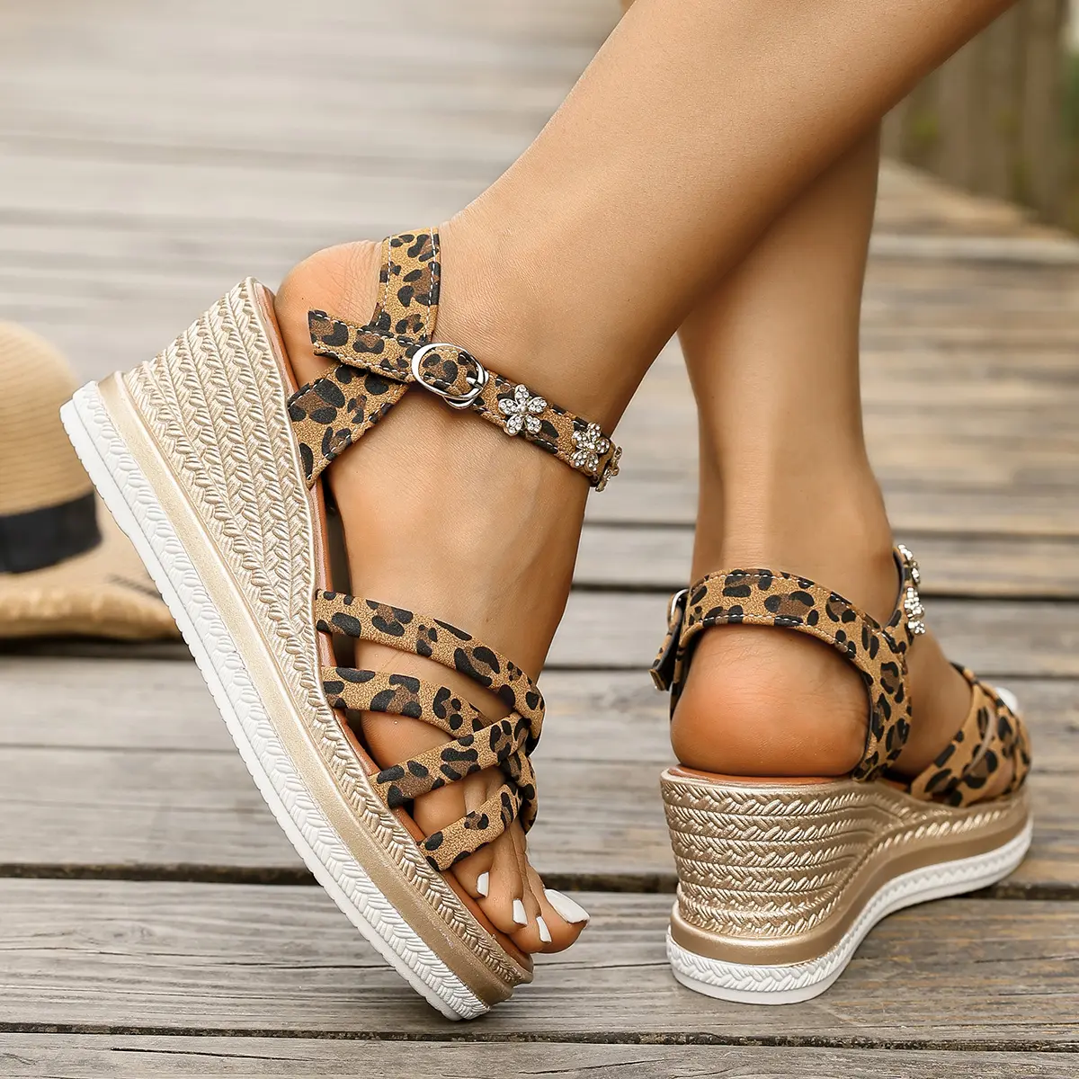 Sexy Leopard Print Platform Sandals Women 2025 Summer Ankle Straps Wedge Sandals Woman Plus Size 43 Thick Bottom Roman Shoes