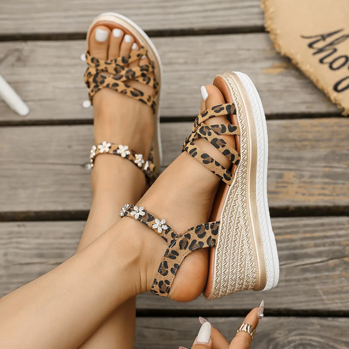 Sexy Leopard Print Platform Sandals Women 2025 Summer Ankle Straps Wedge Sandals Woman Plus Size 43 Thick Bottom Roman Shoes