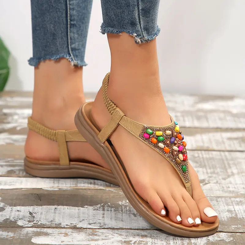 Retro Bohemian Flat Heels Sandals for Women 2024 summer Rhinestone Beads Clip Toe Sandals Woman Lightweight Beach Flip Flops