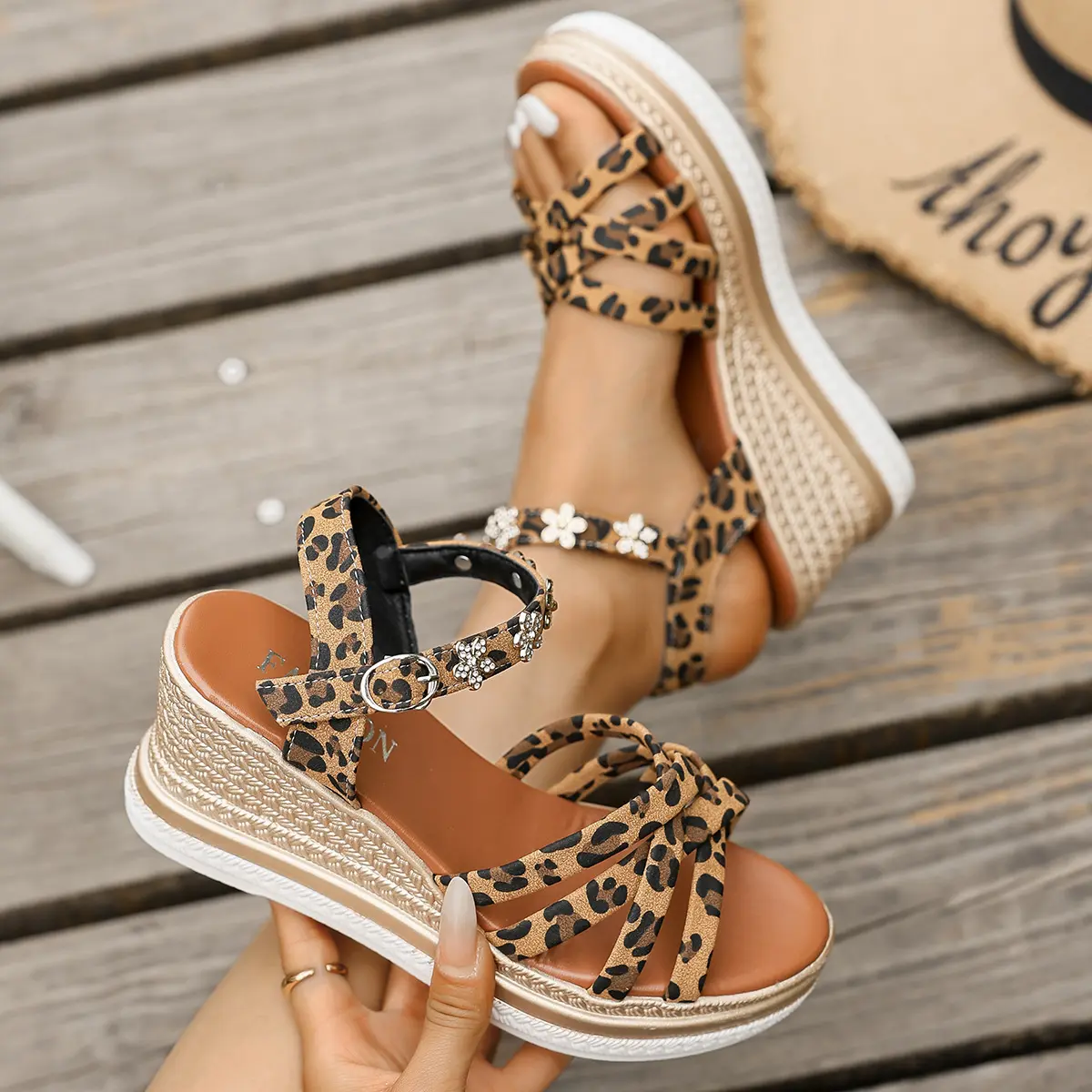 Sexy Leopard Print Platform Sandals Women 2025 Summer Ankle Straps Wedge Sandals Woman Plus Size 43 Thick Bottom Roman Shoes