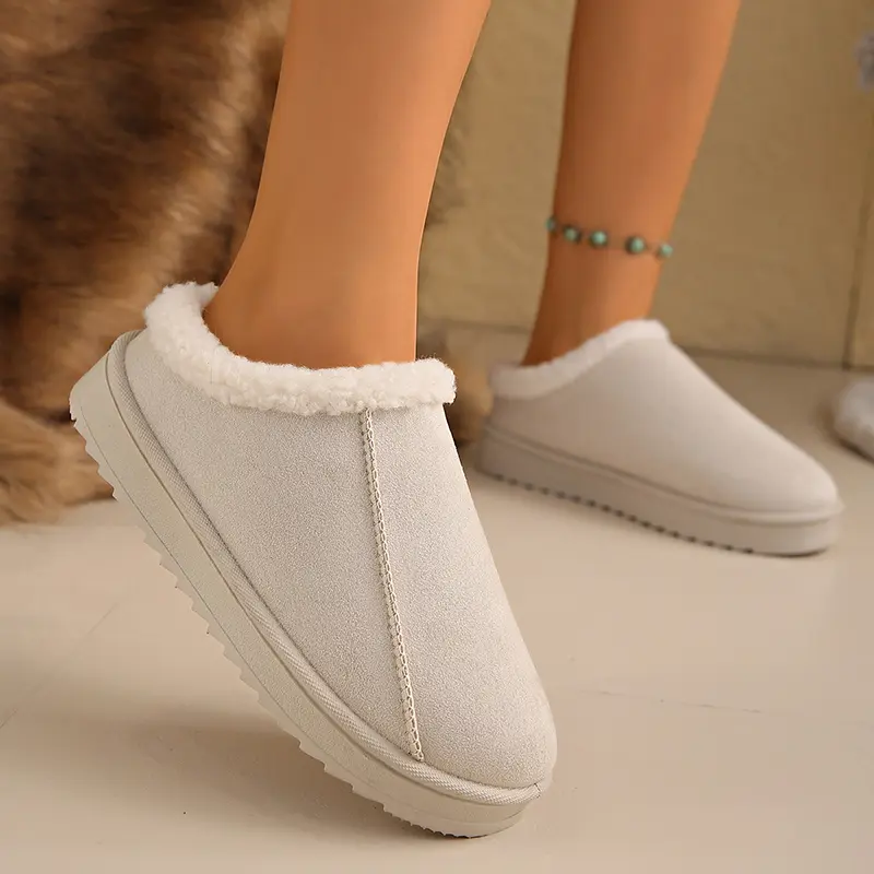 Faux Suede Thick Sole Non Slip Cotton Slippers Women Winter Warm Comfort Platform Indoor Slippers Plus Size Thicken Plush Slides