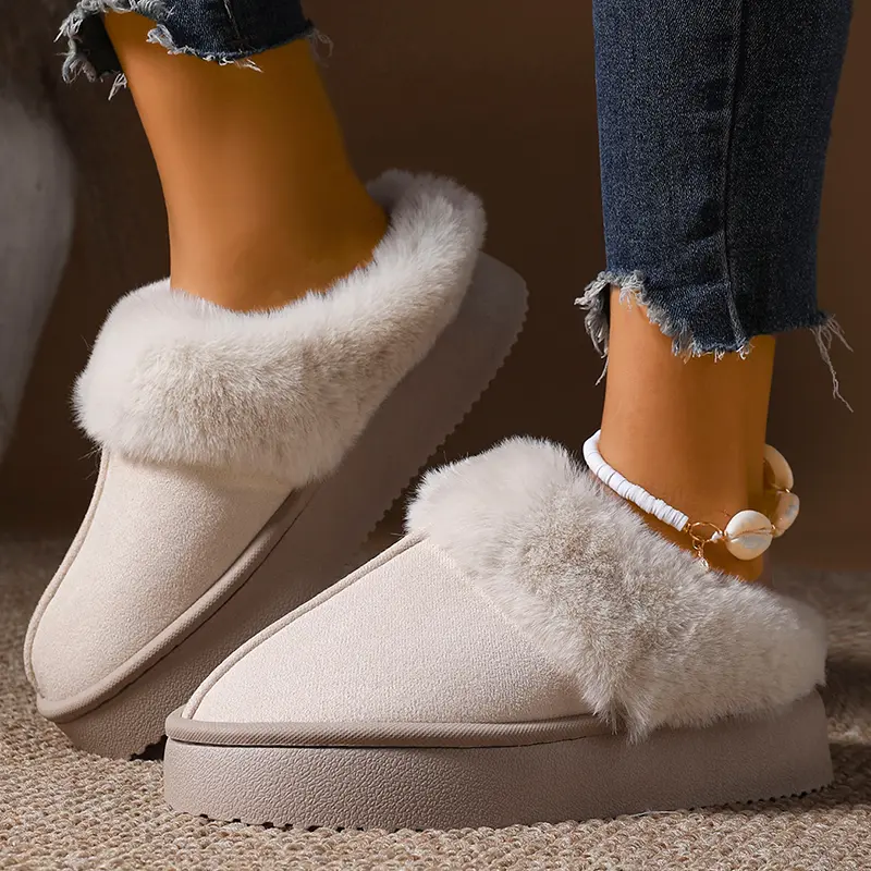Fluffy Fur Thicken Plush Cotton Slippers Women Faux Suede Thick Sole Platform Home Slippers Winter Warm Comfort Non Slip Slides