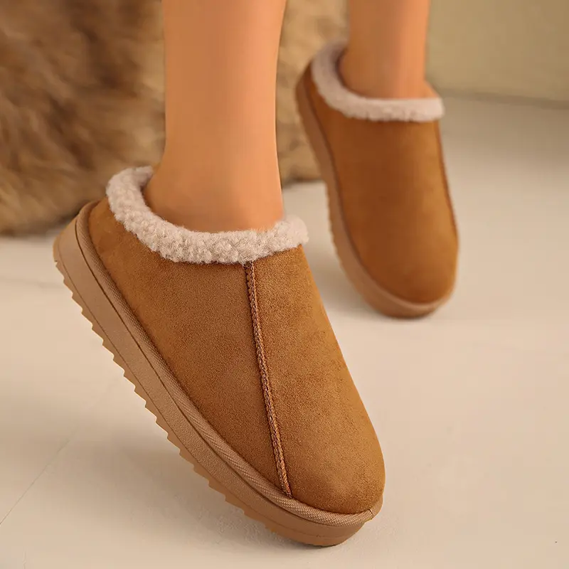 Faux Suede Thick Sole Non Slip Cotton Slippers Women Winter Warm Comfort Platform Indoor Slippers Plus Size Thicken Plush Slides