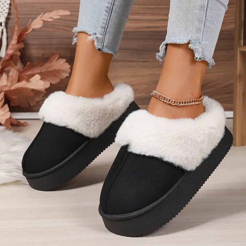 Fluffy Fur Thicken Plush Cotton Slippers Women Faux Suede Thick Sole Platform Home Slippers Winter Warm Comfort Non Slip Slides