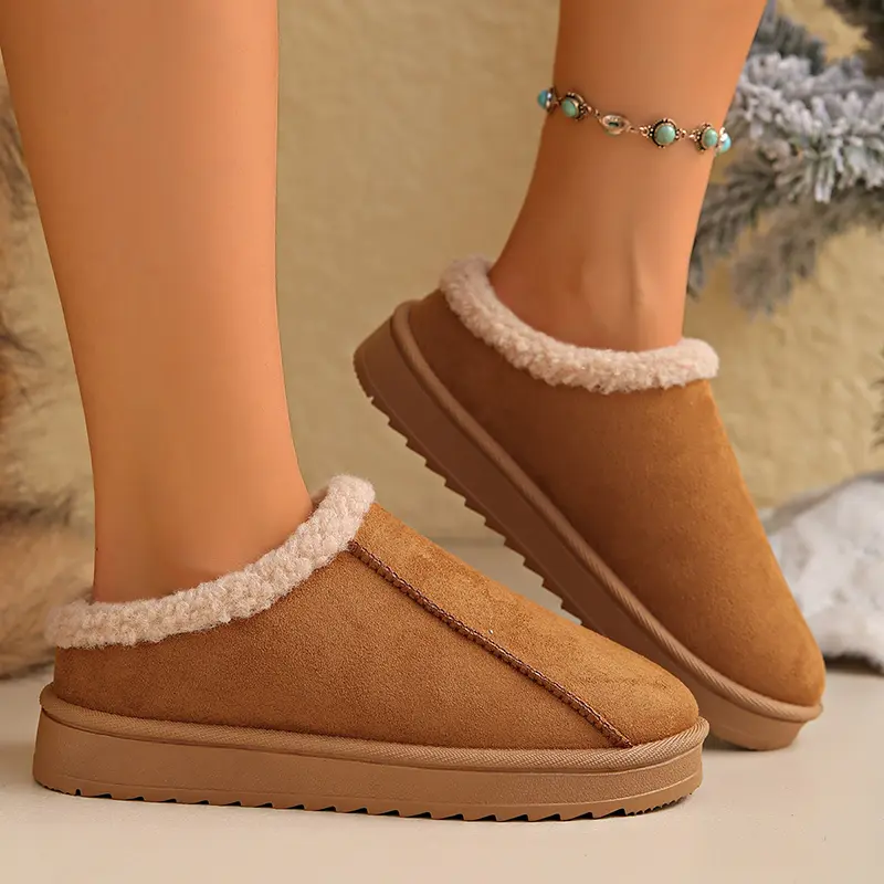 Faux Suede Thick Sole Non Slip Cotton Slippers Women Winter Warm Comfort Platform Indoor Slippers Plus Size Thicken Plush Slides