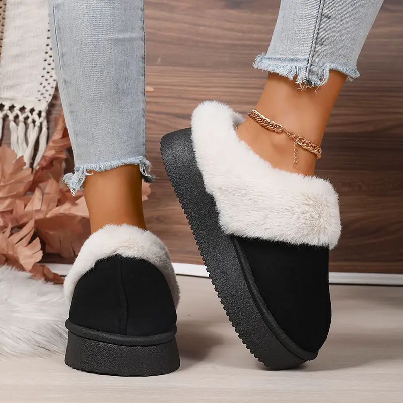 Fluffy Fur Thicken Plush Cotton Slippers Women Faux Suede Thick Sole Platform Home Slippers Winter Warm Comfort Non Slip Slides
