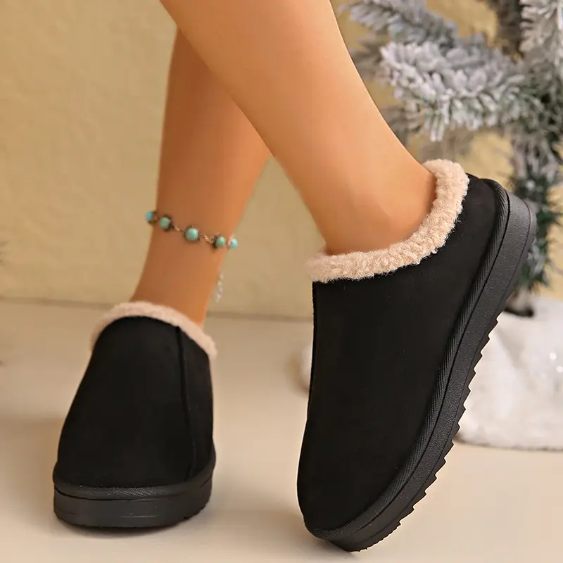 Faux Suede Thick Sole Non Slip Cotton Slippers Women Winter Warm Comfort Platform Indoor Slippers Plus Size Thicken Plush Slides