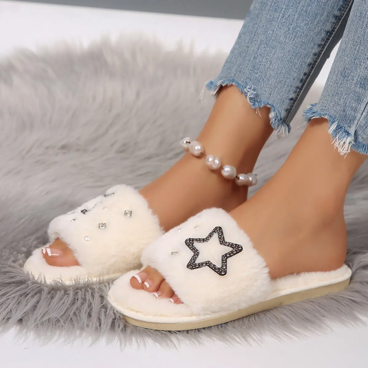 Y2k Star Decor Fur Slippers Women 2025 Winter Warm Flat Heels Home Slippers Woman Comfortable Non Slip Soft Sole Plush Slides