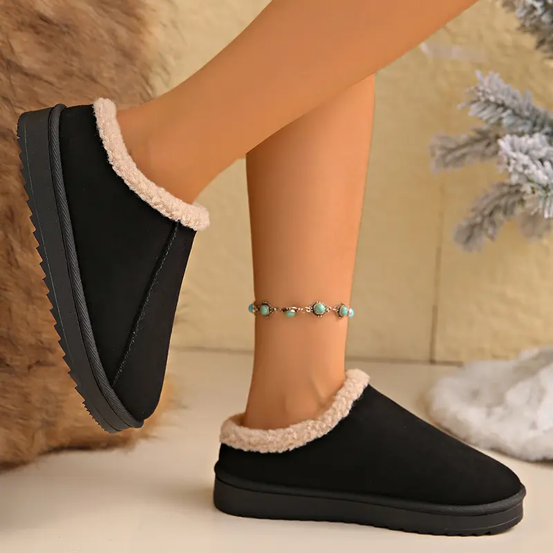 Faux Suede Thick Sole Non Slip Cotton Slippers Women Winter Warm Comfort Platform Indoor Slippers Plus Size Thicken Plush Slides
