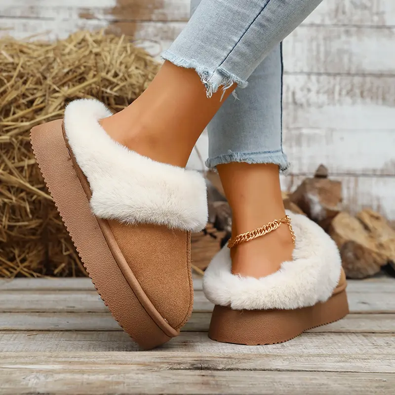 Fluffy Fur Thicken Plush Cotton Slippers Women Faux Suede Thick Sole Platform Home Slippers Winter Warm Comfort Non Slip Slides