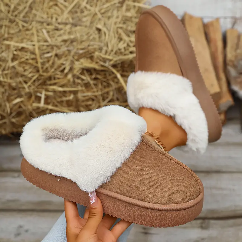 Fluffy Fur Thicken Plush Cotton Slippers Women Faux Suede Thick Sole Platform Home Slippers Winter Warm Comfort Non Slip Slides