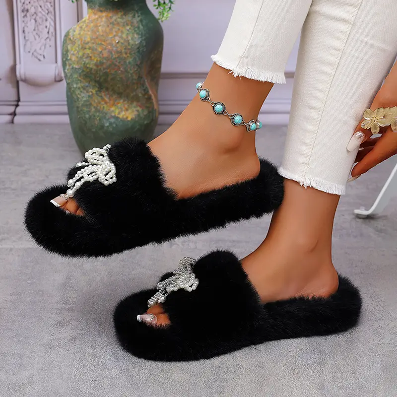 Jewel Bowtie Fluffy Fur Decor Cotton Slippers Women Winter Warm Thicken Plush Indoor Slippers Thick Sole Non Slip Slides Woman