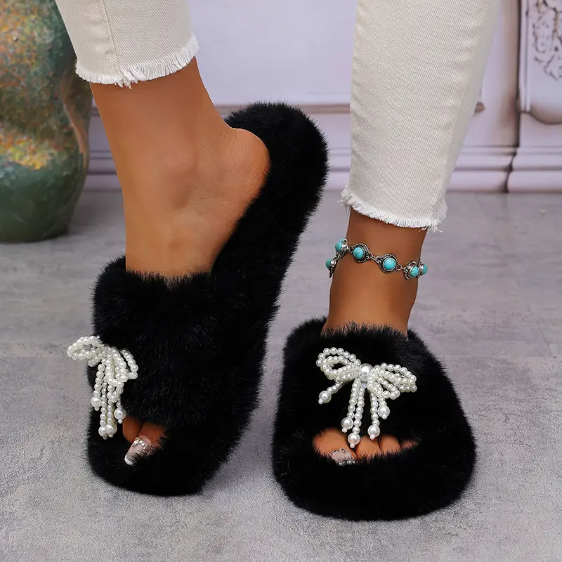 Jewel Bowtie Fluffy Fur Decor Cotton Slippers Women Winter Warm Thicken Plush Indoor Slippers Thick Sole Non Slip Slides Woman