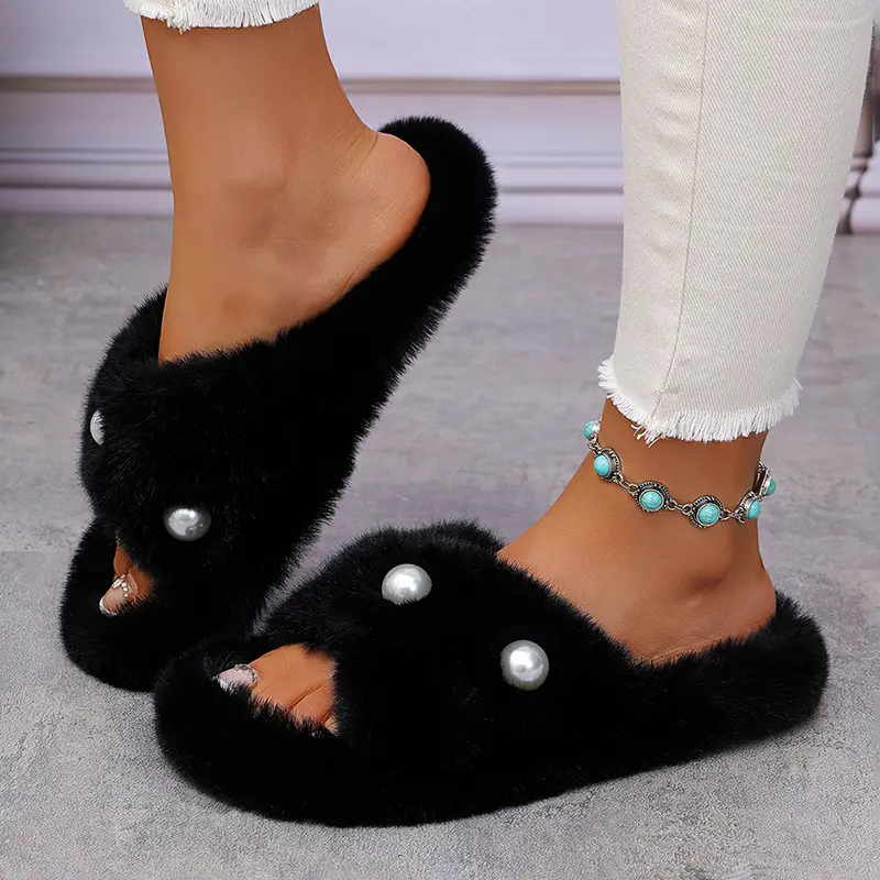 Large Pearl Faux Fur Cotton Slippers Women Flat Thick Sole Non Slip Platform Indoor Slippers Winter Warm Thicken Plush Slides