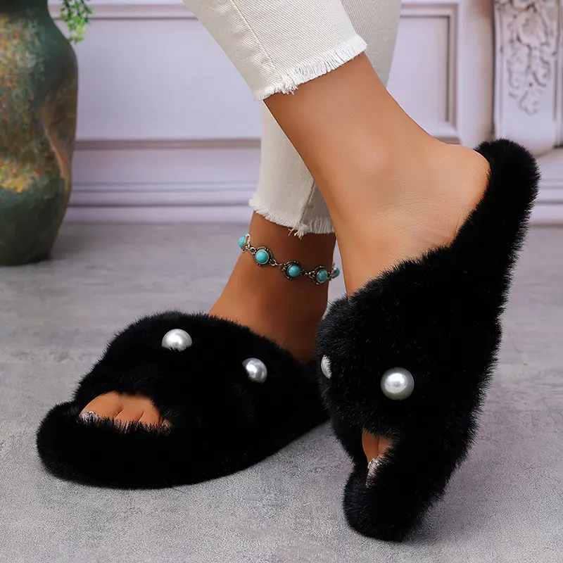 Large Pearl Faux Fur Cotton Slippers Women Flat Thick Sole Non Slip Platform Indoor Slippers Winter Warm Thicken Plush Slides