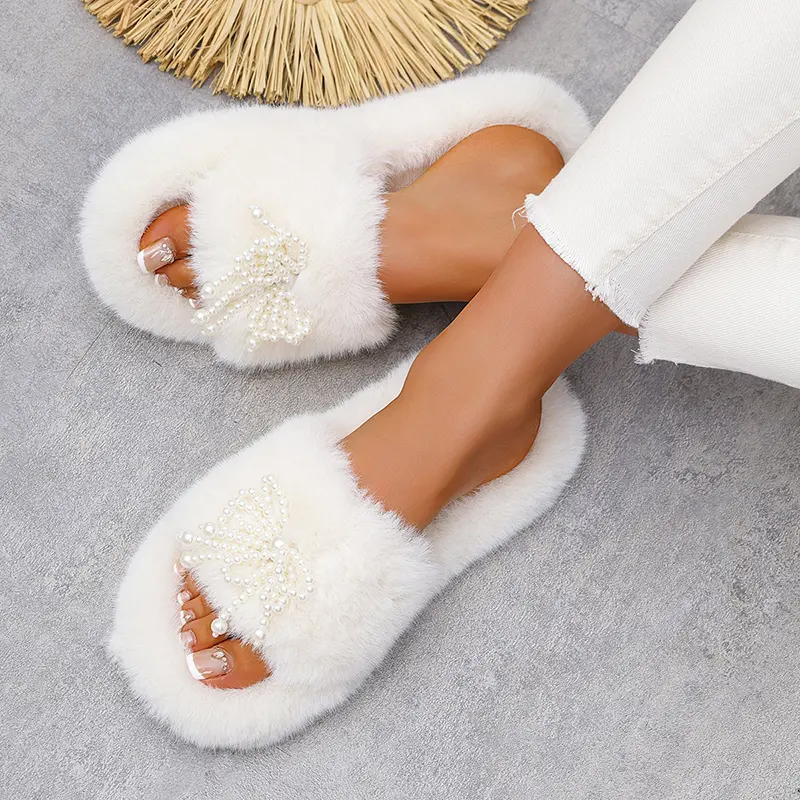 Jewel Bowtie Fluffy Fur Decor Cotton Slippers Women Winter Warm Thicken Plush Indoor Slippers Thick Sole Non Slip Slides Woman