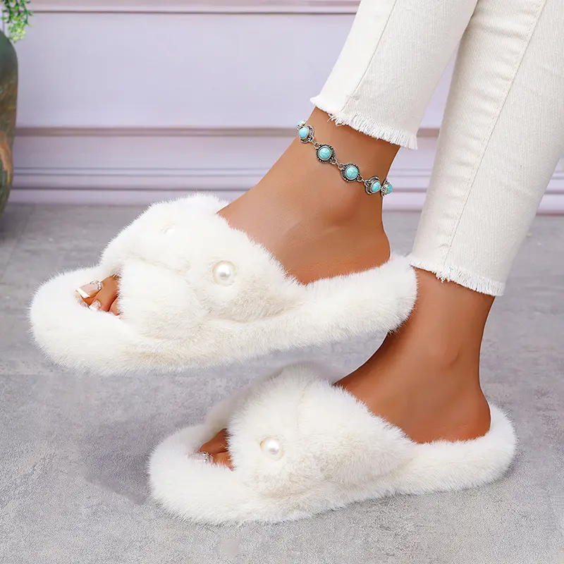 Large Pearl Faux Fur Cotton Slippers Women Flat Thick Sole Non Slip Platform Indoor Slippers Winter Warm Thicken Plush Slides