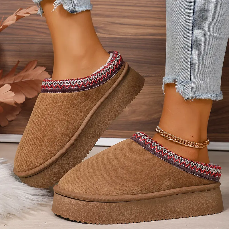 Faux Suede Stripe Decor Indoor Slippers Women Winter Warm Thicken Plush Cotton Slippers Woman Thick Sole Chunky Platform Slides