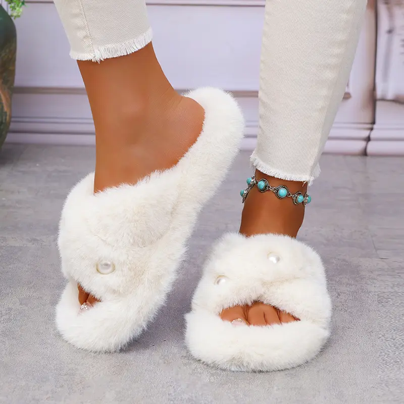 Large Pearl Faux Fur Cotton Slippers Women Flat Thick Sole Non Slip Platform Indoor Slippers Winter Warm Thicken Plush Slides