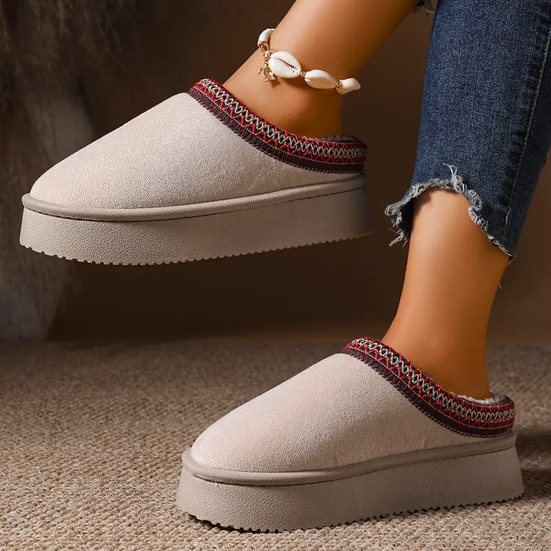Faux Suede Stripe Decor Indoor Slippers Women Winter Warm Thicken Plush Cotton Slippers Woman Thick Sole Chunky Platform Slides