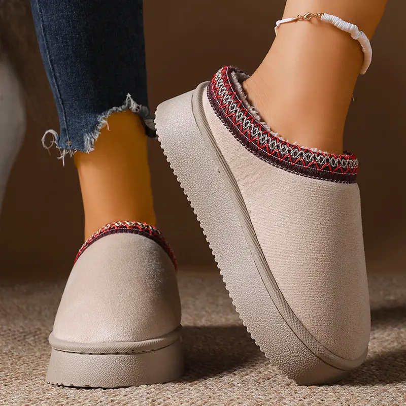 Faux Suede Stripe Decor Indoor Slippers Women Winter Warm Thicken Plush Cotton Slippers Woman Thick Sole Chunky Platform Slides