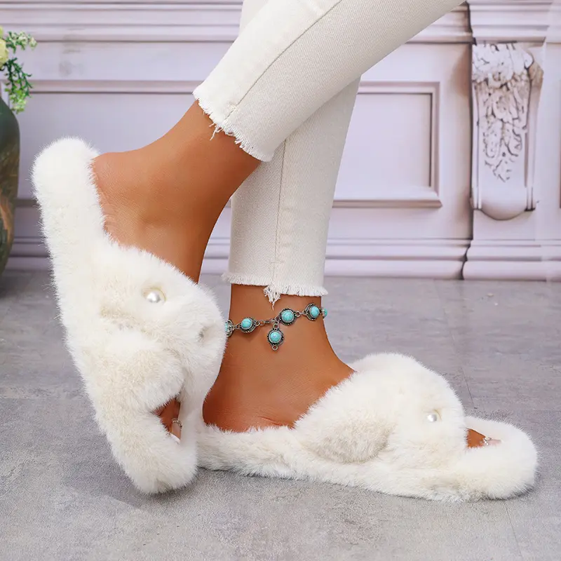 Large Pearl Faux Fur Cotton Slippers Women Flat Thick Sole Non Slip Platform Indoor Slippers Winter Warm Thicken Plush Slides